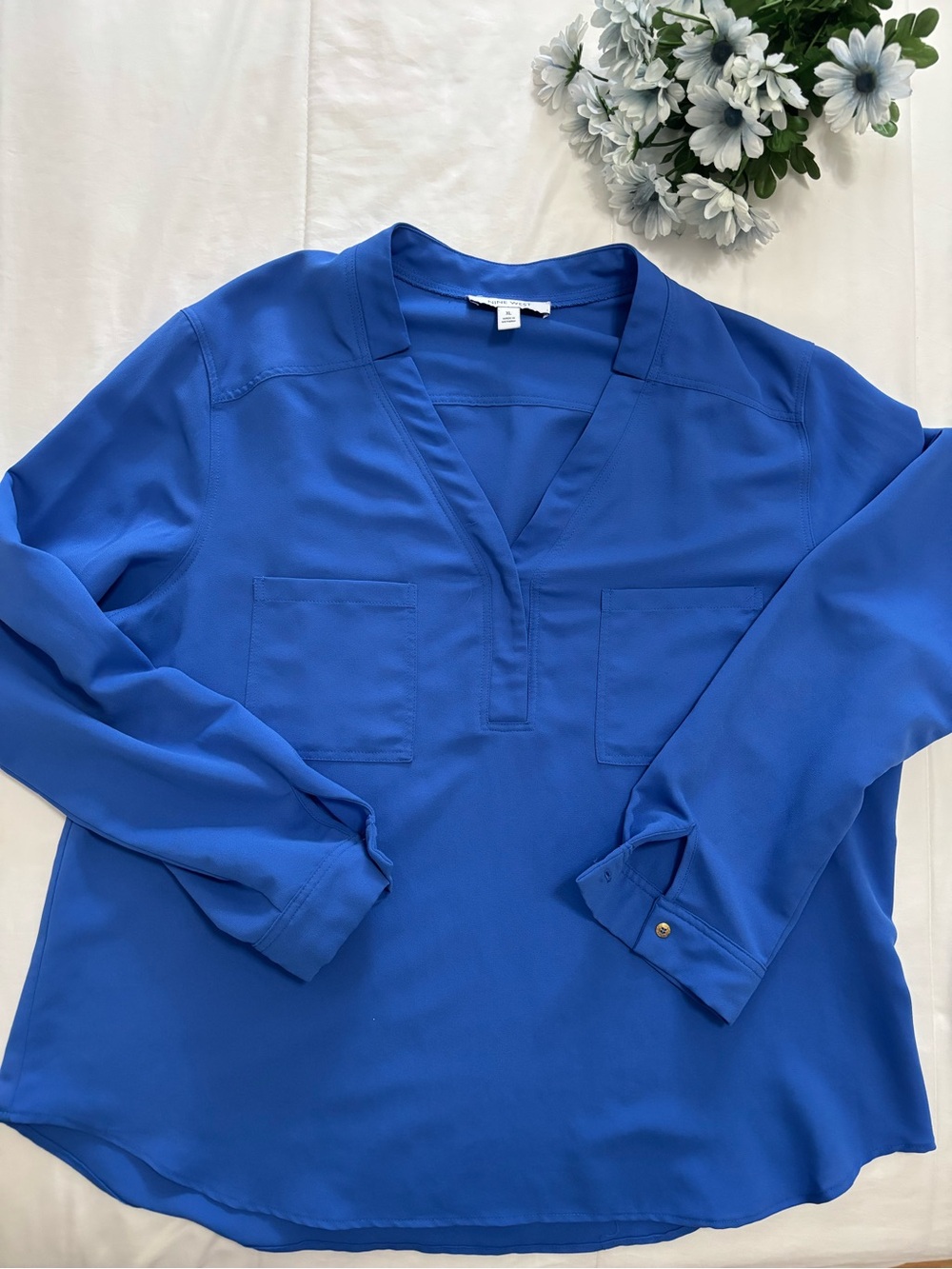 Nine West Blouse XL Cobalt Royal Blue V-Neck Long Sleeve Pocket Tunic Top Shirt